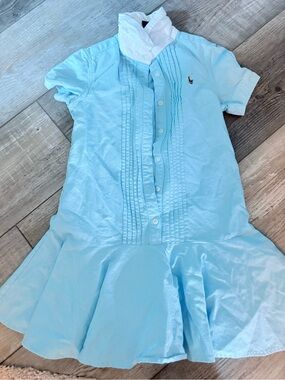Ralph Lauren Light Blue Girls' Pleated Polo Dress with White Trim